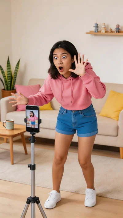 Southeast Asian woman filming comedy skit with exaggerated expression facing tripod