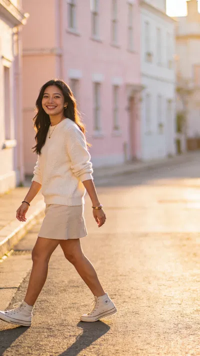 Southeast Asian woman full-body street portrait at golden hour for Instagram