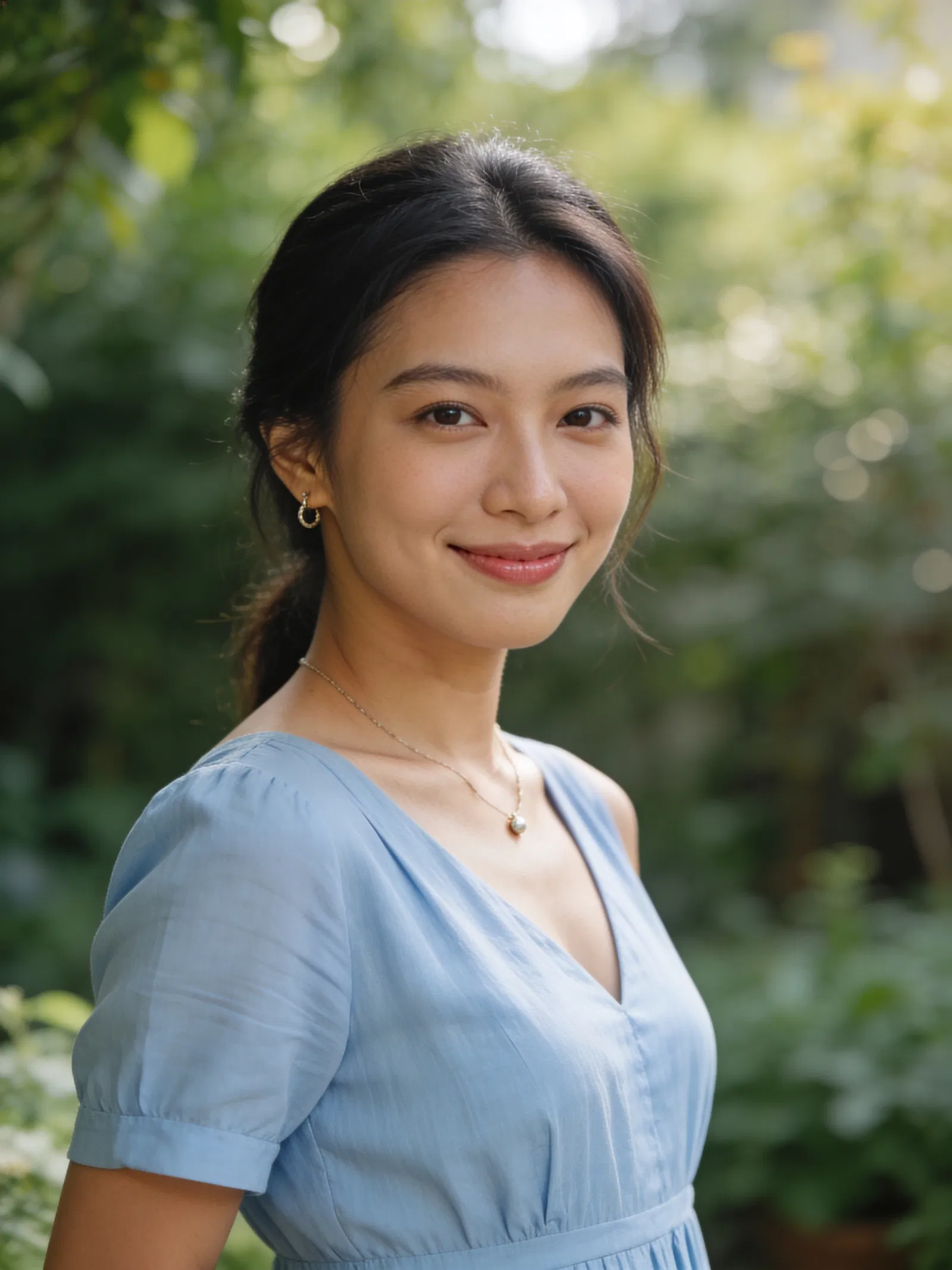 Southeast Asian woman garden portrait with soft daylight and natural bokeh