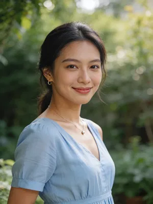 Southeast Asian woman garden portrait with soft daylight and natural bokeh