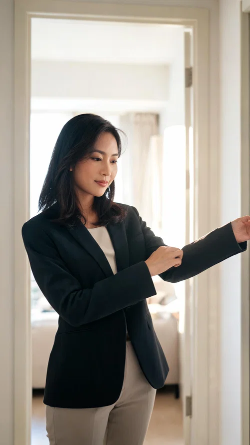 Southeast Asian woman in apartment adjusting blazer, at-home online looksmaxxing photoshoot