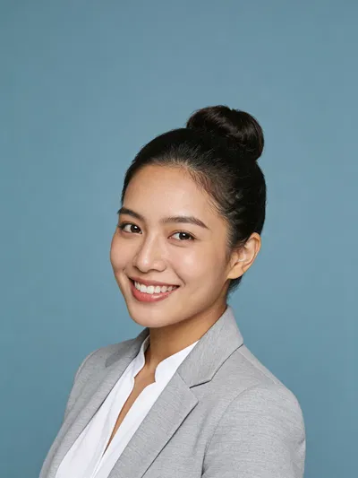 Southeast Asian woman in blazer for crisp studio headshot