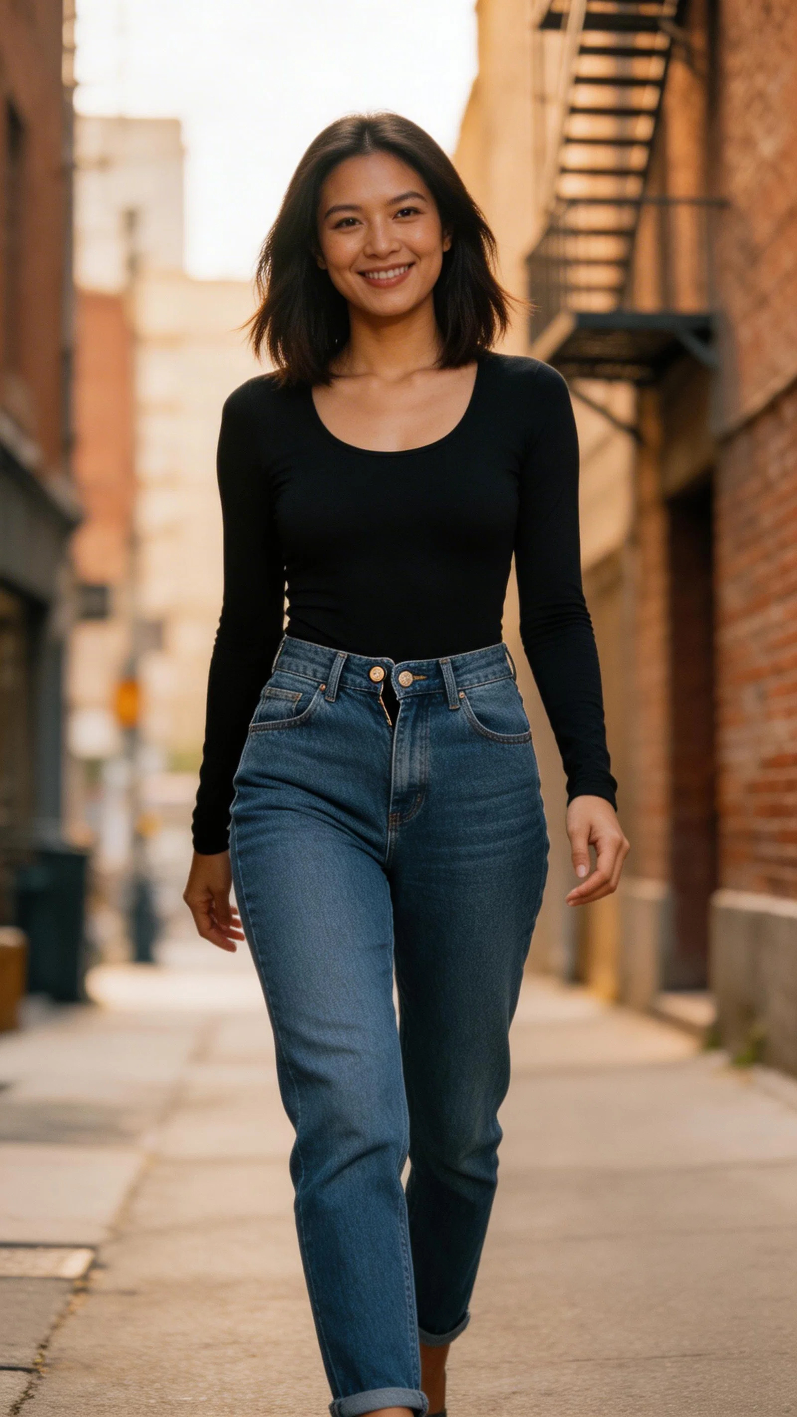 Southeast Asian woman in bodysuit and jeans, urban full-body editorial portrait