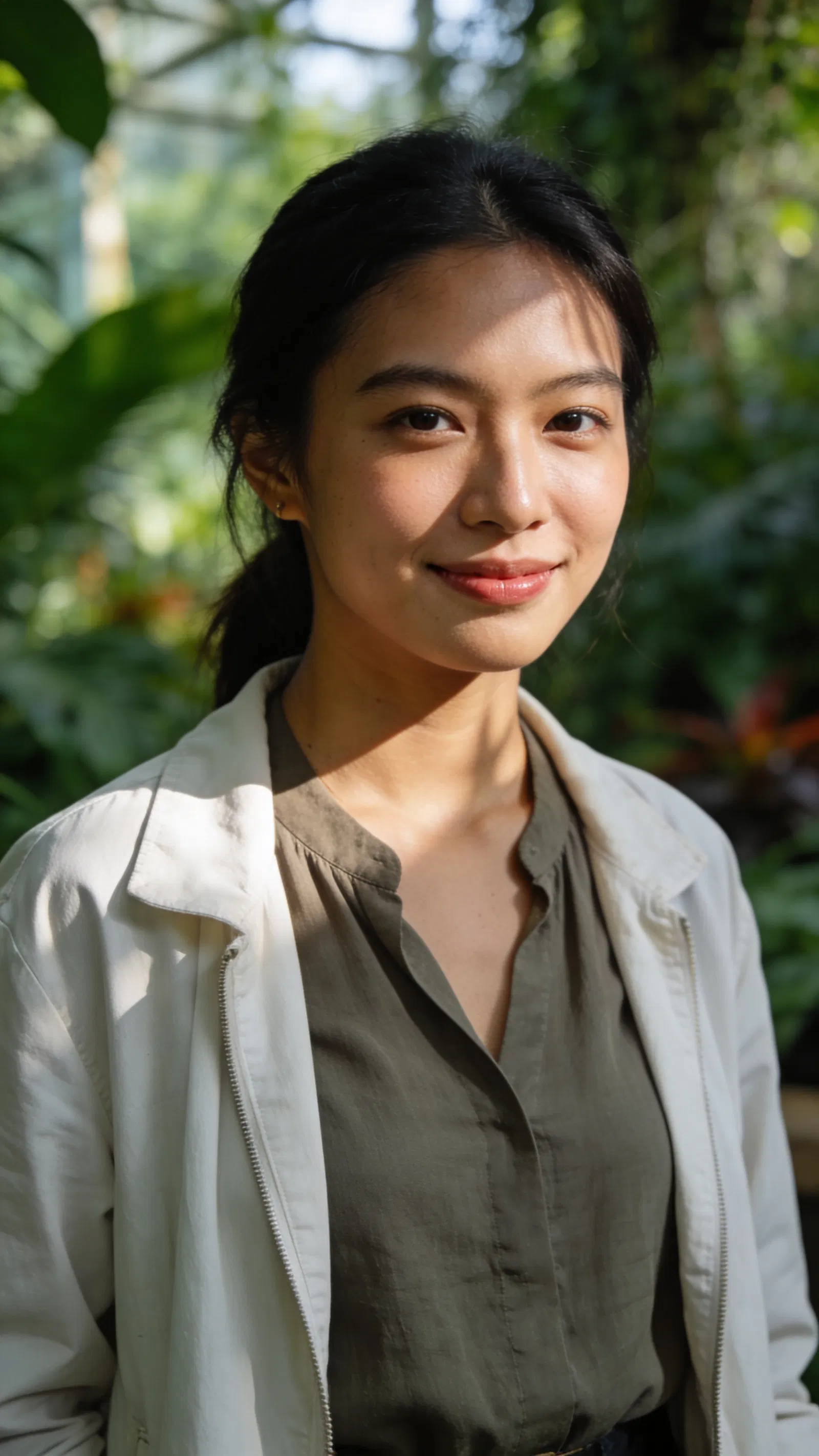 Southeast Asian woman in botanical garden, calm friendly profile portrait