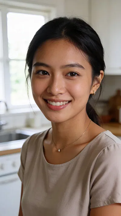 Southeast Asian woman in bright kitchen headshot, friendly smile