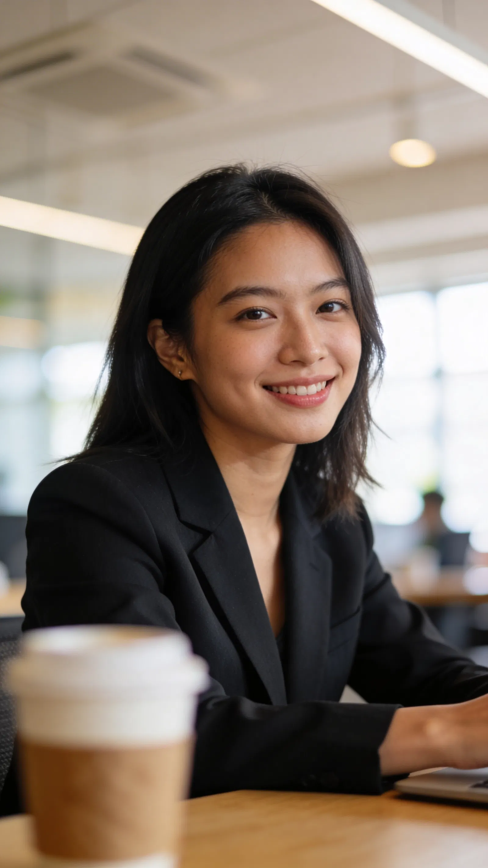 Southeast Asian woman in coworking space seated headshot