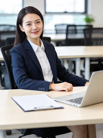 Southeast Asian woman in coworking space with polished chest-up resume portrait
