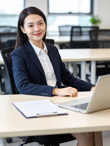 Southeast Asian woman in coworking space with polished chest-up resume portrait