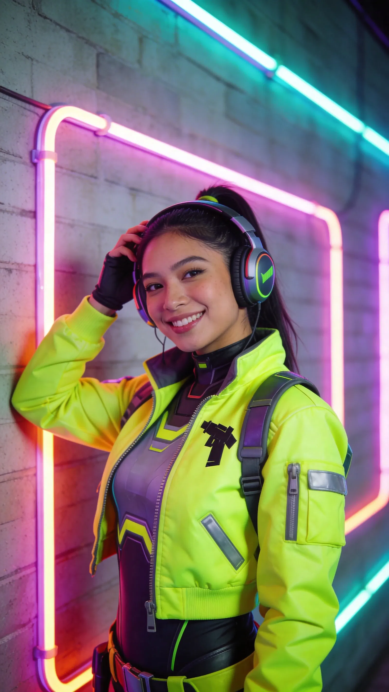 Southeast Asian woman in cyber pop cosplay, neon wall environmental portrait