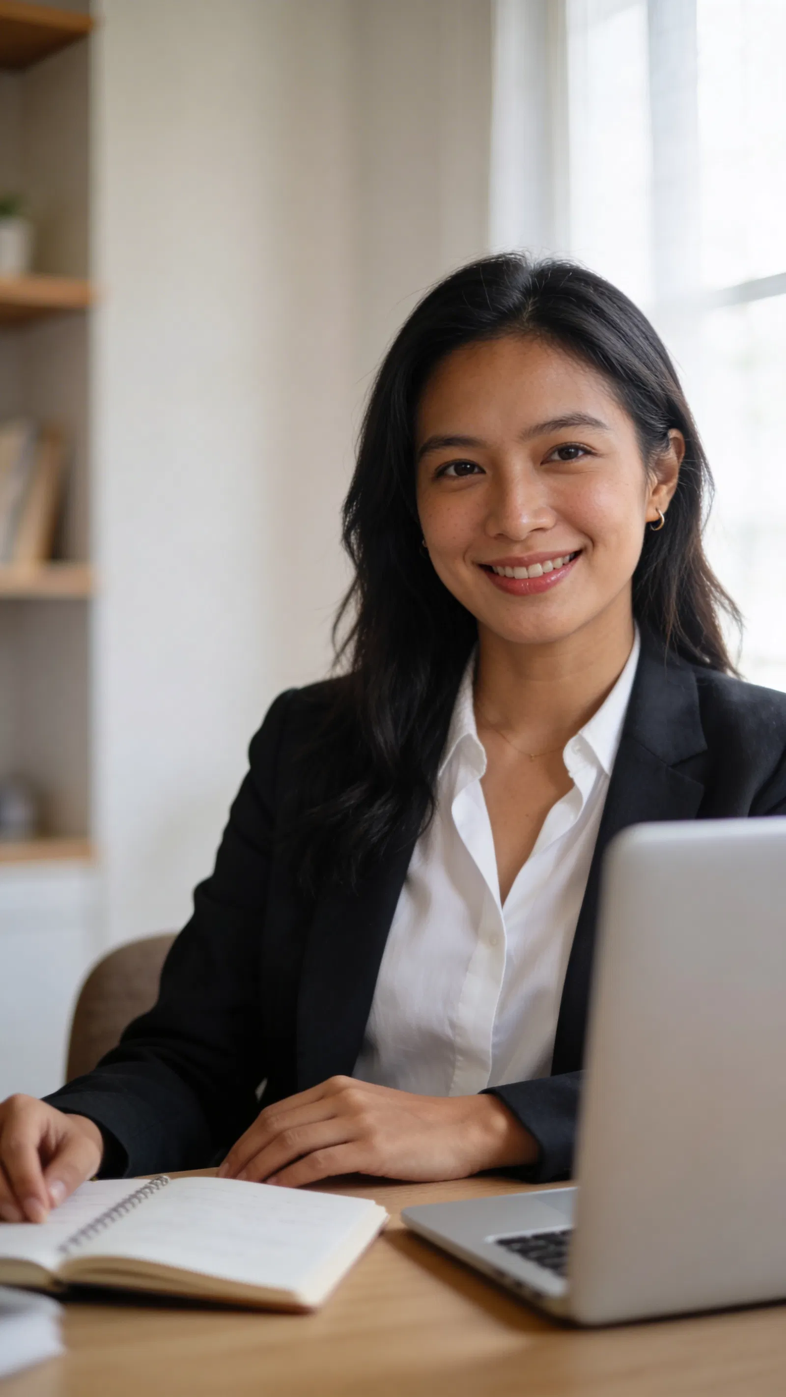 Southeast Asian woman in home office, professional corporate headshot