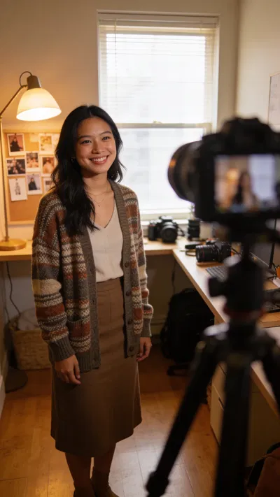 Southeast Asian woman in home office, warm creator portrait for brand content