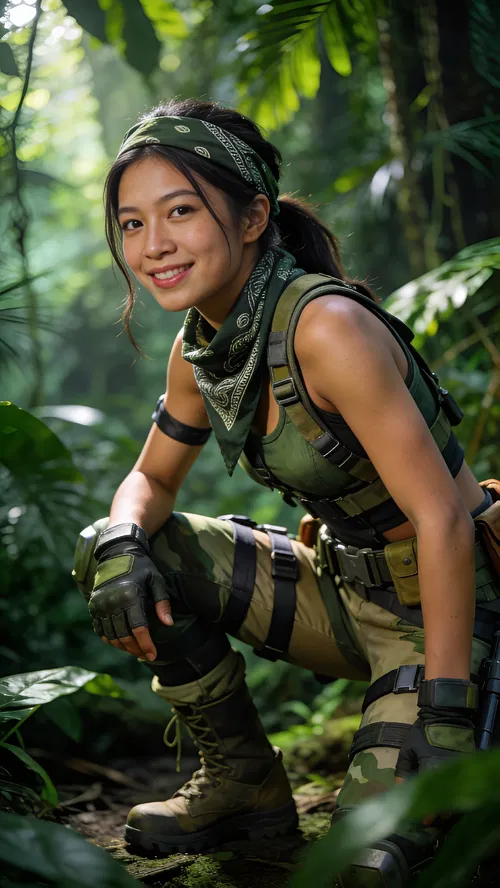 Southeast Asian woman in jungle survival cosplay, forest scouting portrait