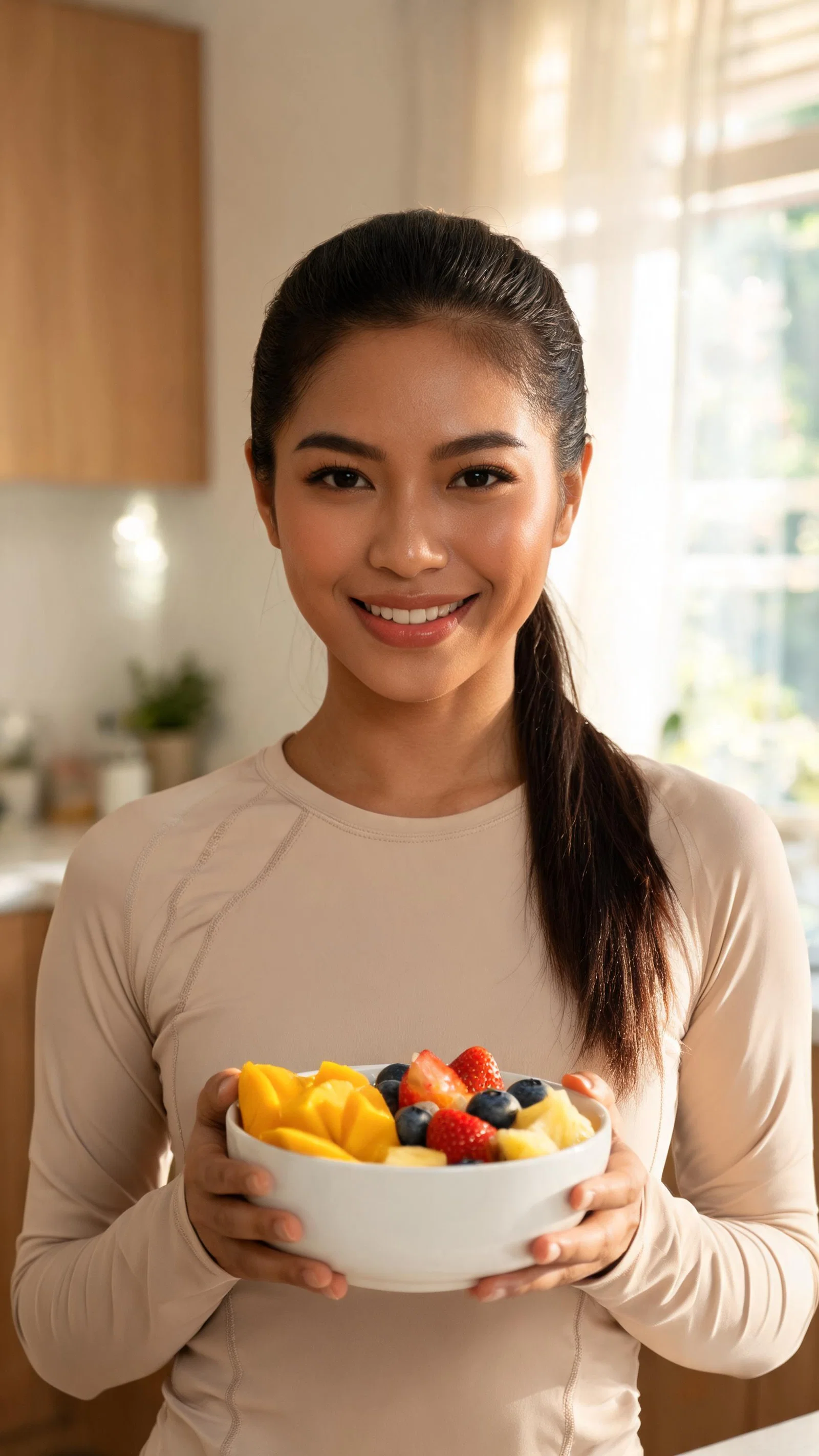 Southeast Asian woman in kitchen holding fruit, healthy habits and glowing looksmaxxing portrait