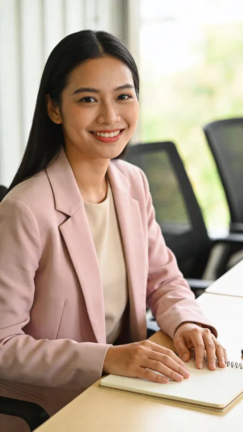 Southeast Asian woman in meeting room, friendly half-body professional portrait
