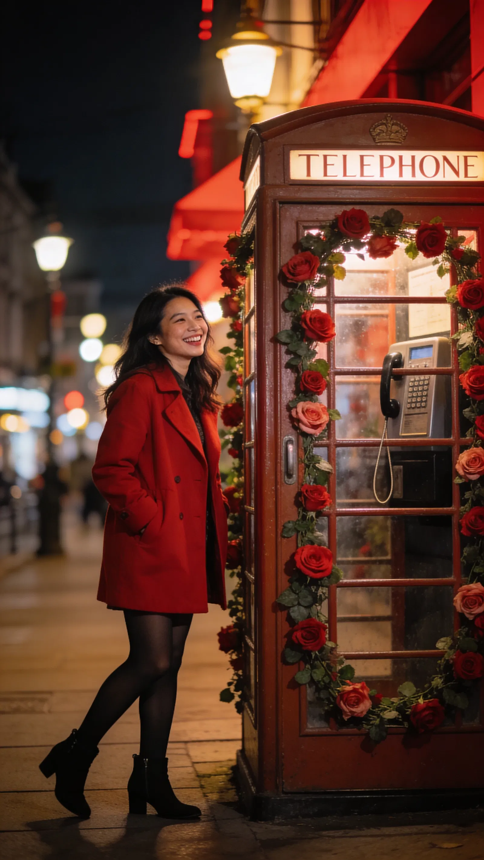 Southeast Asian woman in red coat near rose-decorated phone booth at night.