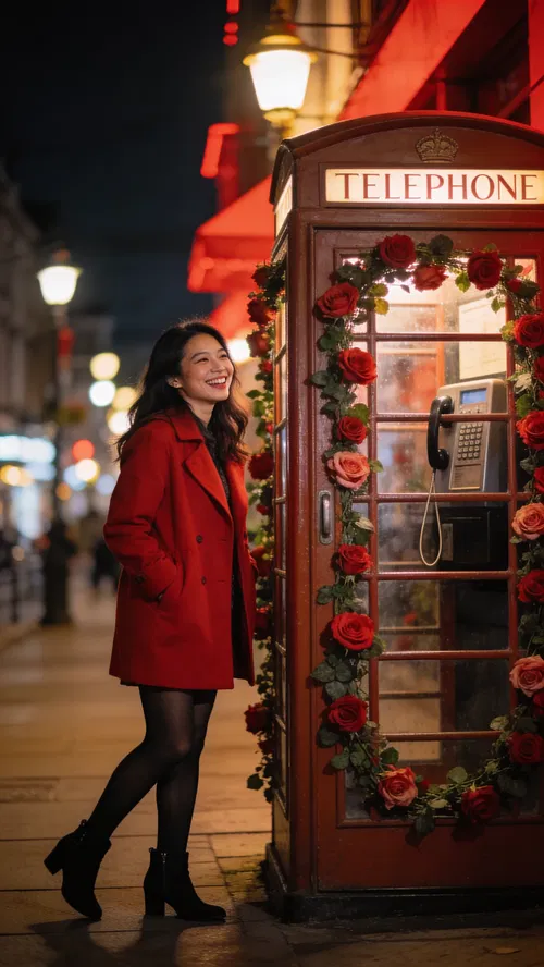 Southeast Asian woman in red coat near rose-decorated phone booth at night.
