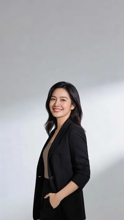 Southeast Asian woman in studio standing pose for modern LinkedIn headshot