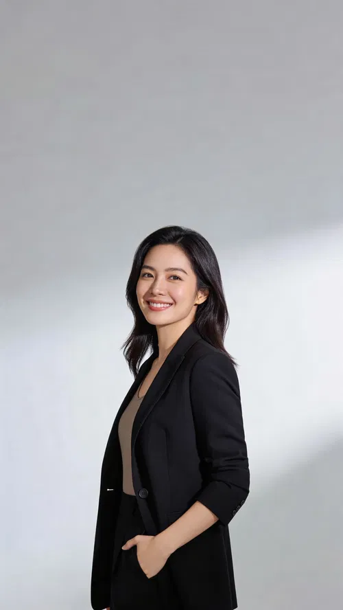 Southeast Asian woman in studio standing pose for modern LinkedIn headshot