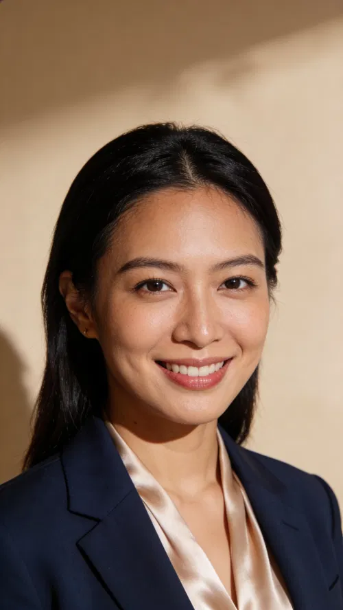 Southeast Asian woman in studio with warm beige background for premium headshot