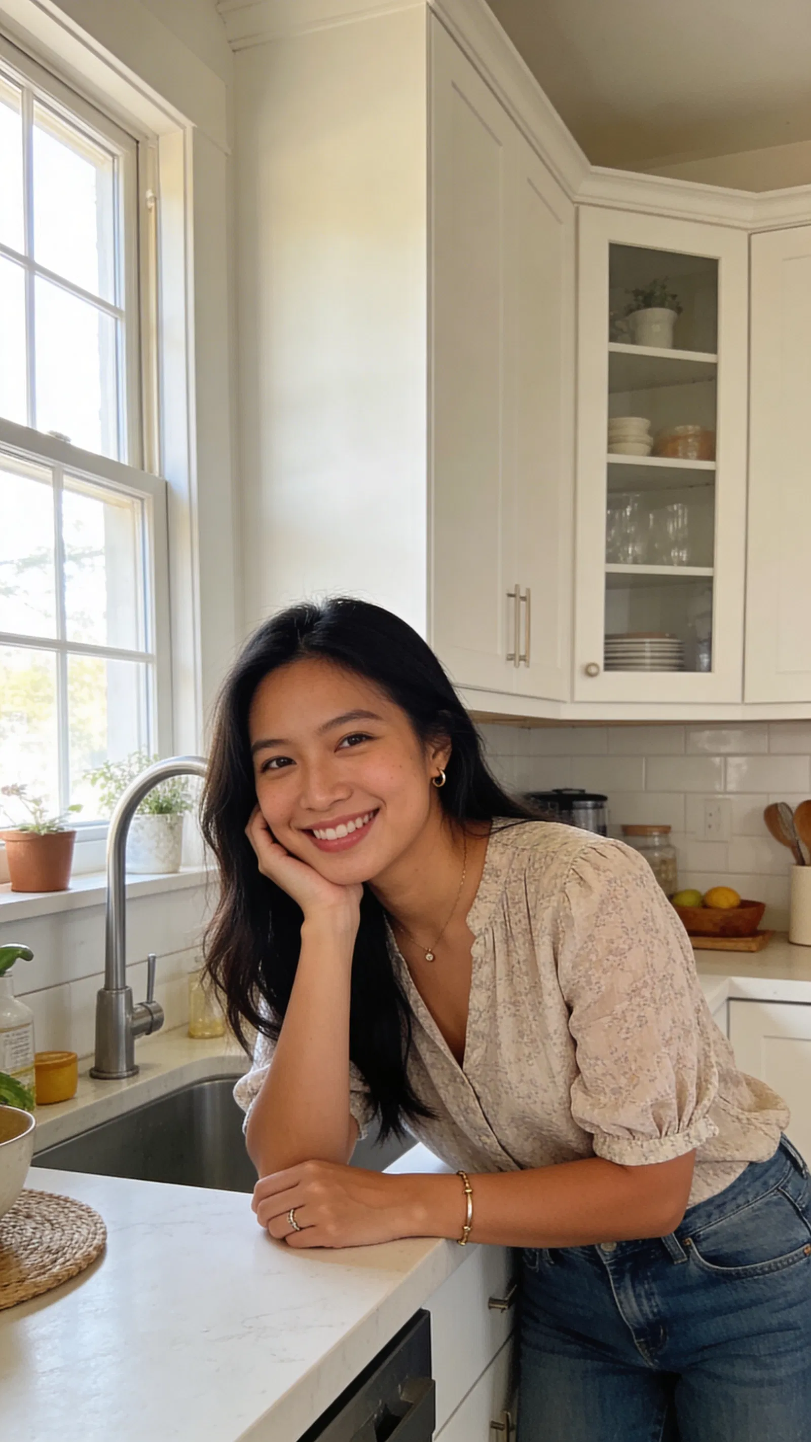 Southeast Asian woman kitchen half-body portrait with warm window light