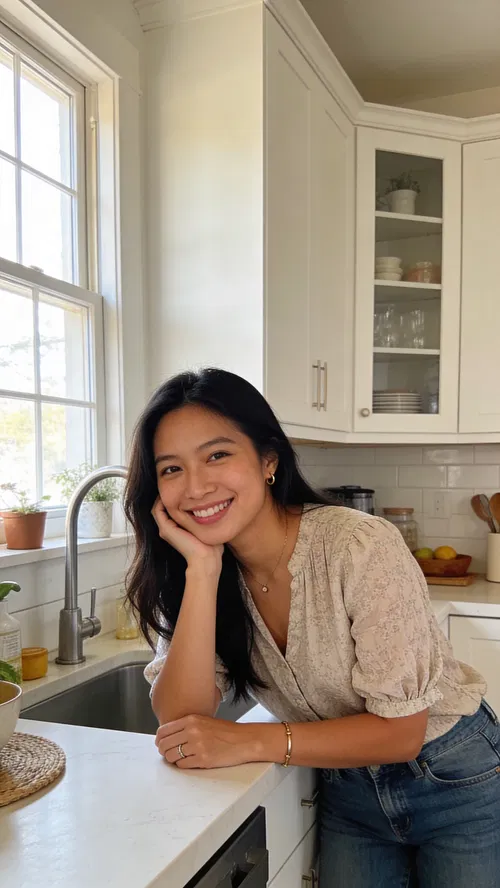 Southeast Asian woman kitchen half-body portrait with warm window light