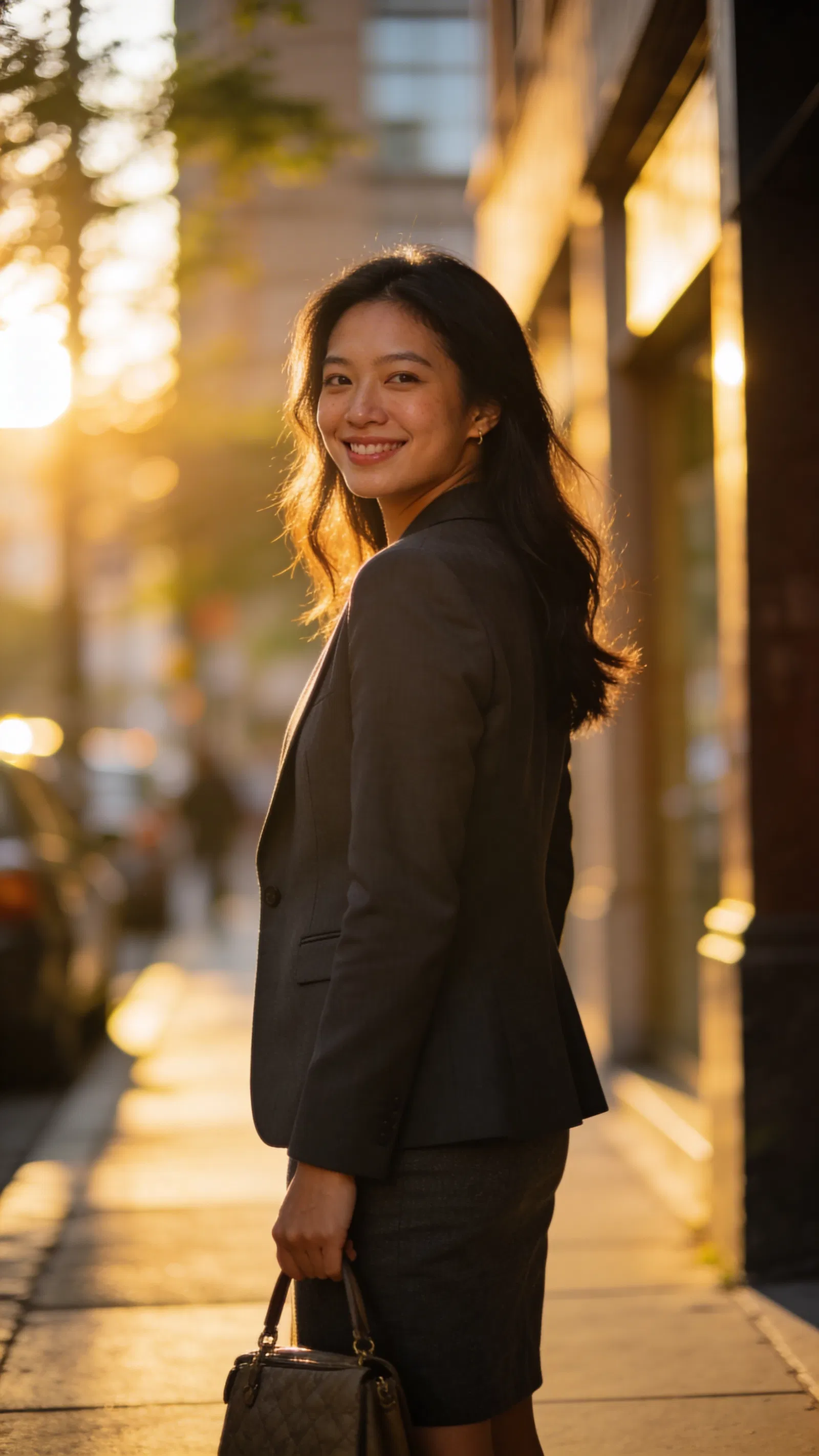 Southeast Asian woman looking back on sidewalk for branding photos