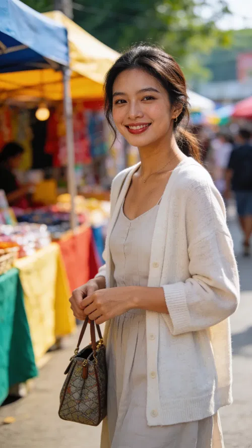 Southeast Asian woman market lifestyle portrait with warm natural light