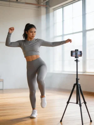 Southeast Asian woman mid-dance filming in bright loft studio