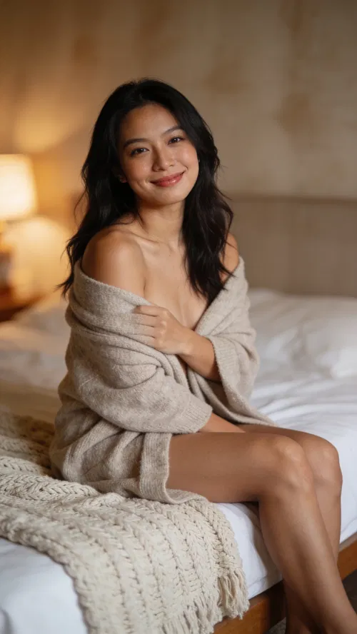 Southeast Asian woman on bed with cardigan, cozy tasteful boudoir portrait