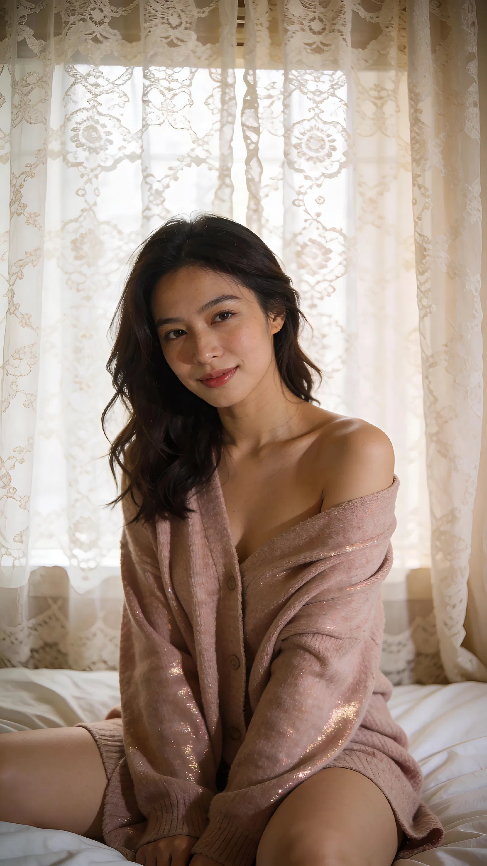 Southeast Asian woman on bed with lace backdrop, cozy boudoir portrait