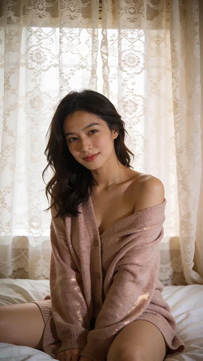 Southeast Asian woman on bed with lace backdrop, cozy boudoir portrait