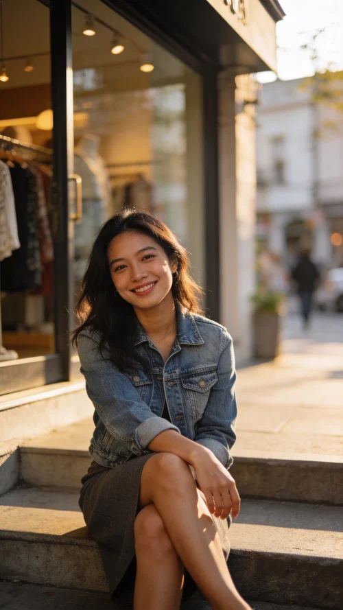 Southeast Asian woman on storefront steps for Instagram photoshoot vibe