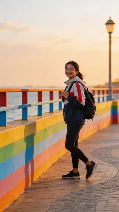 Southeast Asian woman on waterfront promenade, happy travel lifestyle full-body photo.