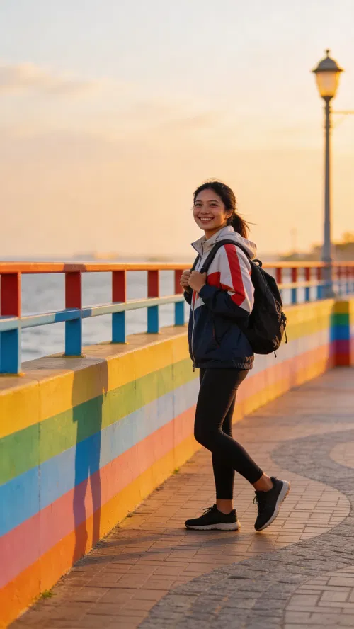 Southeast Asian woman on waterfront promenade, happy travel lifestyle full-body photo.