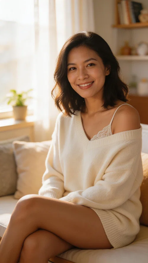 Southeast Asian woman on window seat, cozy sweater boudoir portrait