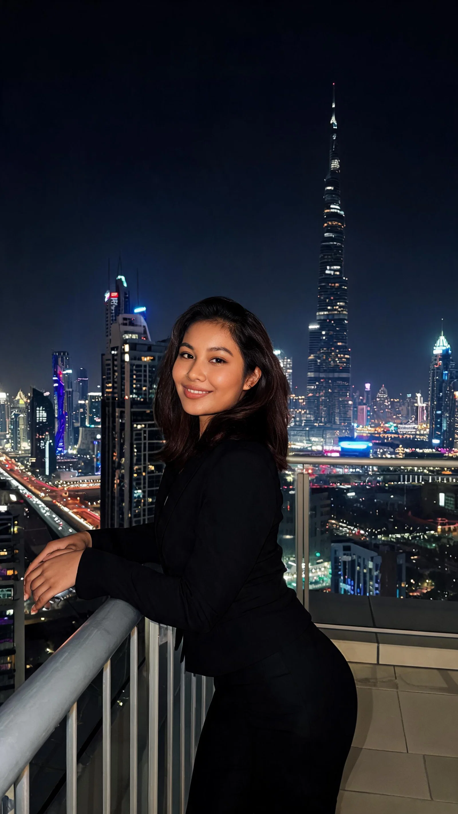 Southeast Asian woman rooftop night portrait with Dubai neon skyline