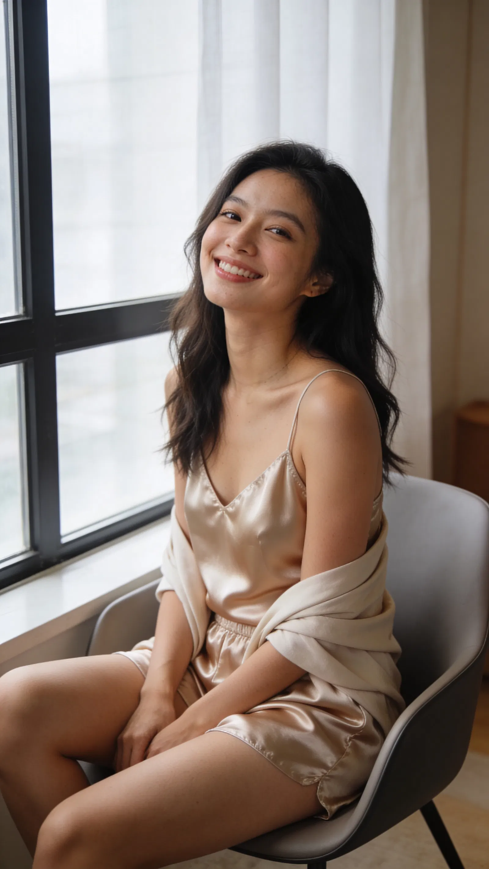 Southeast Asian woman seated by window in satin lingerie set, minimalist decor