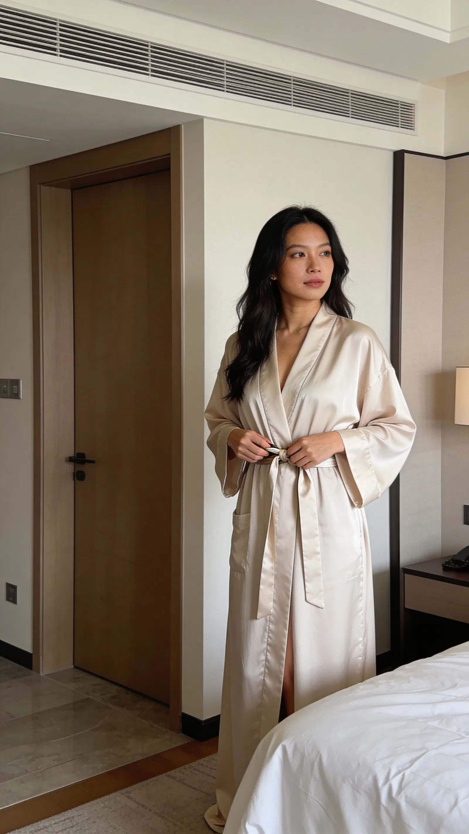 Southeast Asian woman standing in long robe, modern hotel boudoir portrait