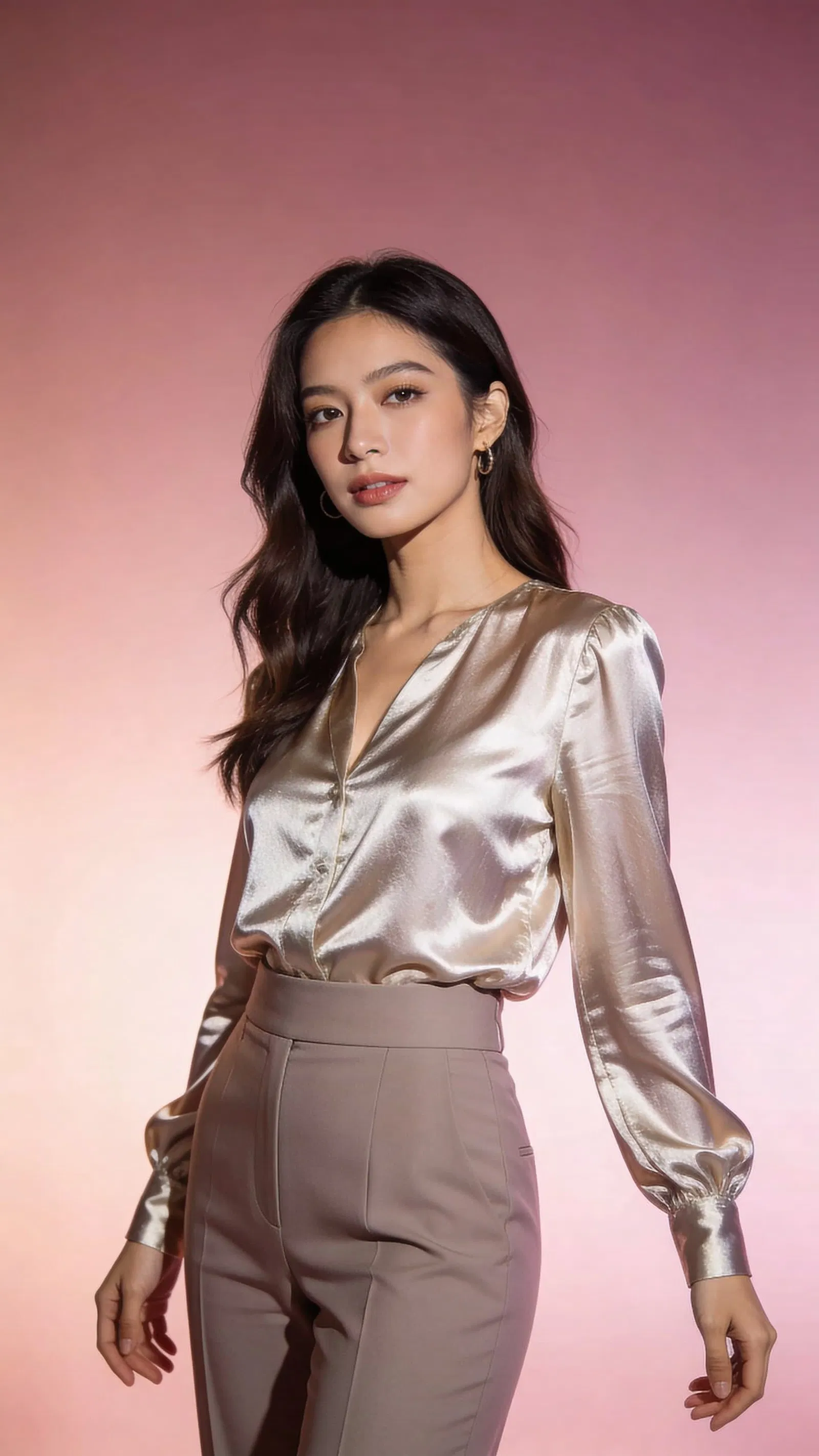 Southeast Asian woman studio portrait with metallic blouse and soft pink glamour lighting