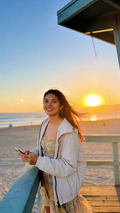 Southeast Asian woman sunset boardwalk portrait, relaxed travel creator social photo