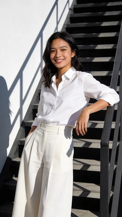 Southeast Asian woman three-quarter portrait with bold sunlight shadows editorial style
