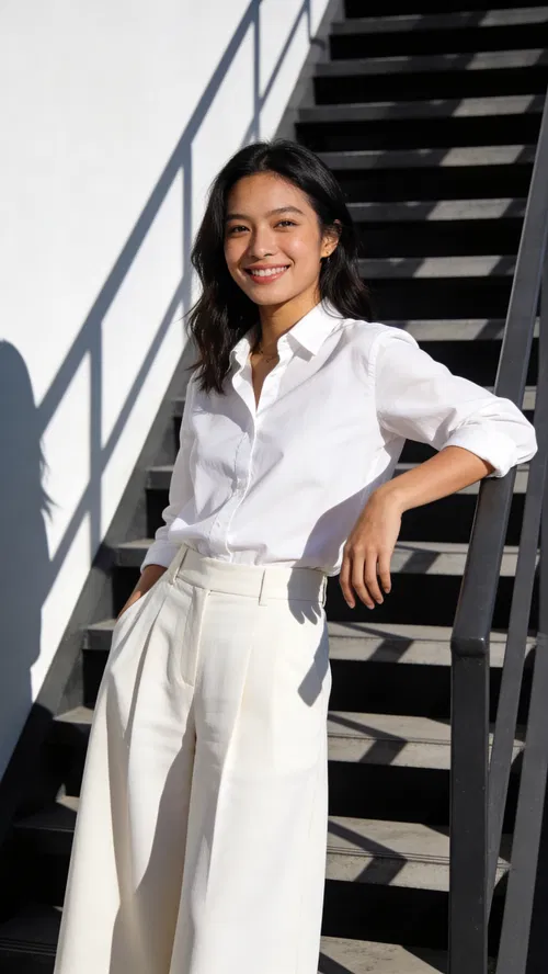 Southeast Asian woman three-quarter portrait with bold sunlight shadows editorial style