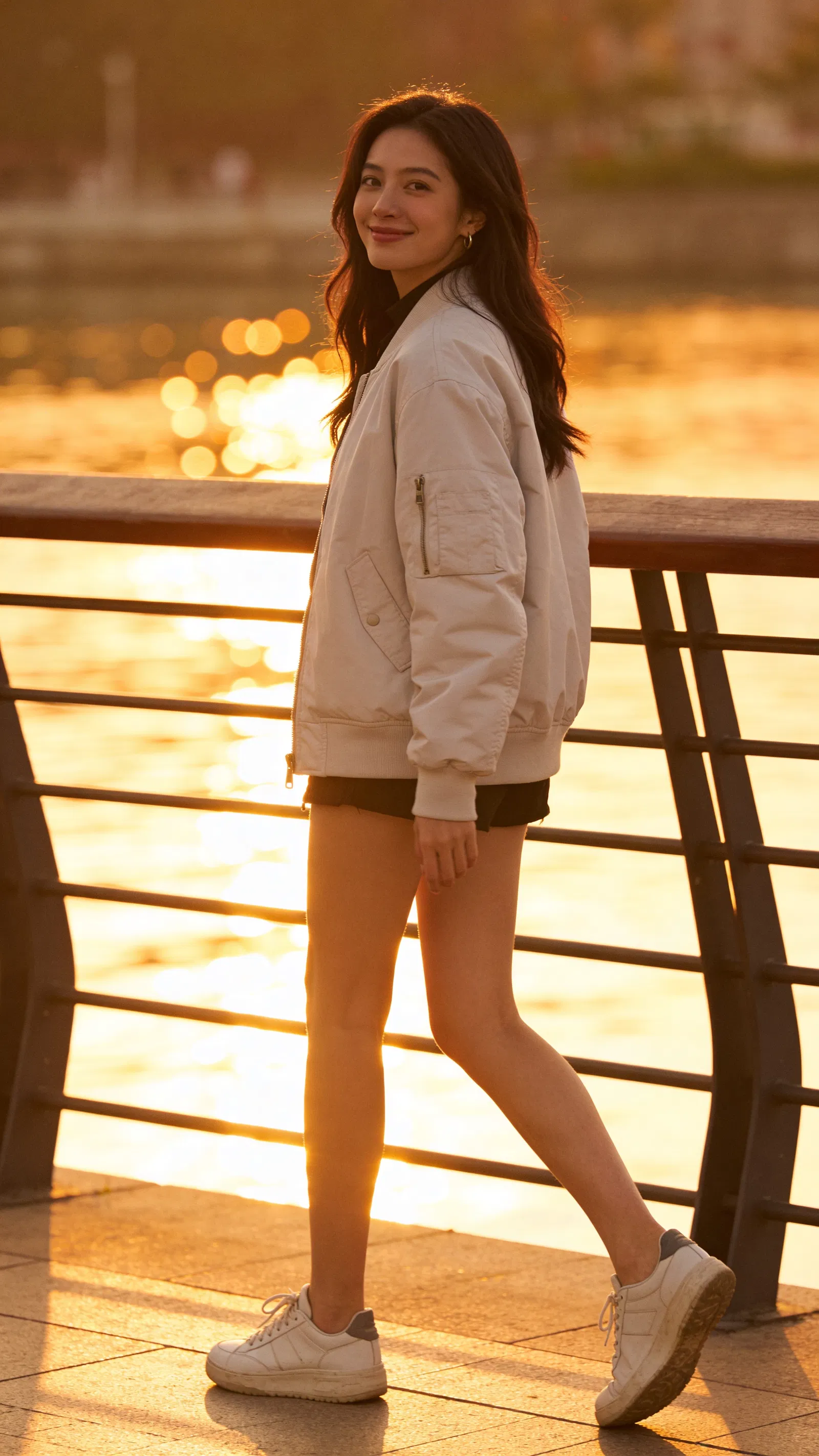 Southeast Asian woman walking by waterfront for Instagram photos
