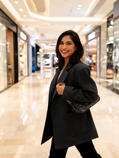 Southeast Asian woman walking in a luxury Dubai mall corridor, influencer-style