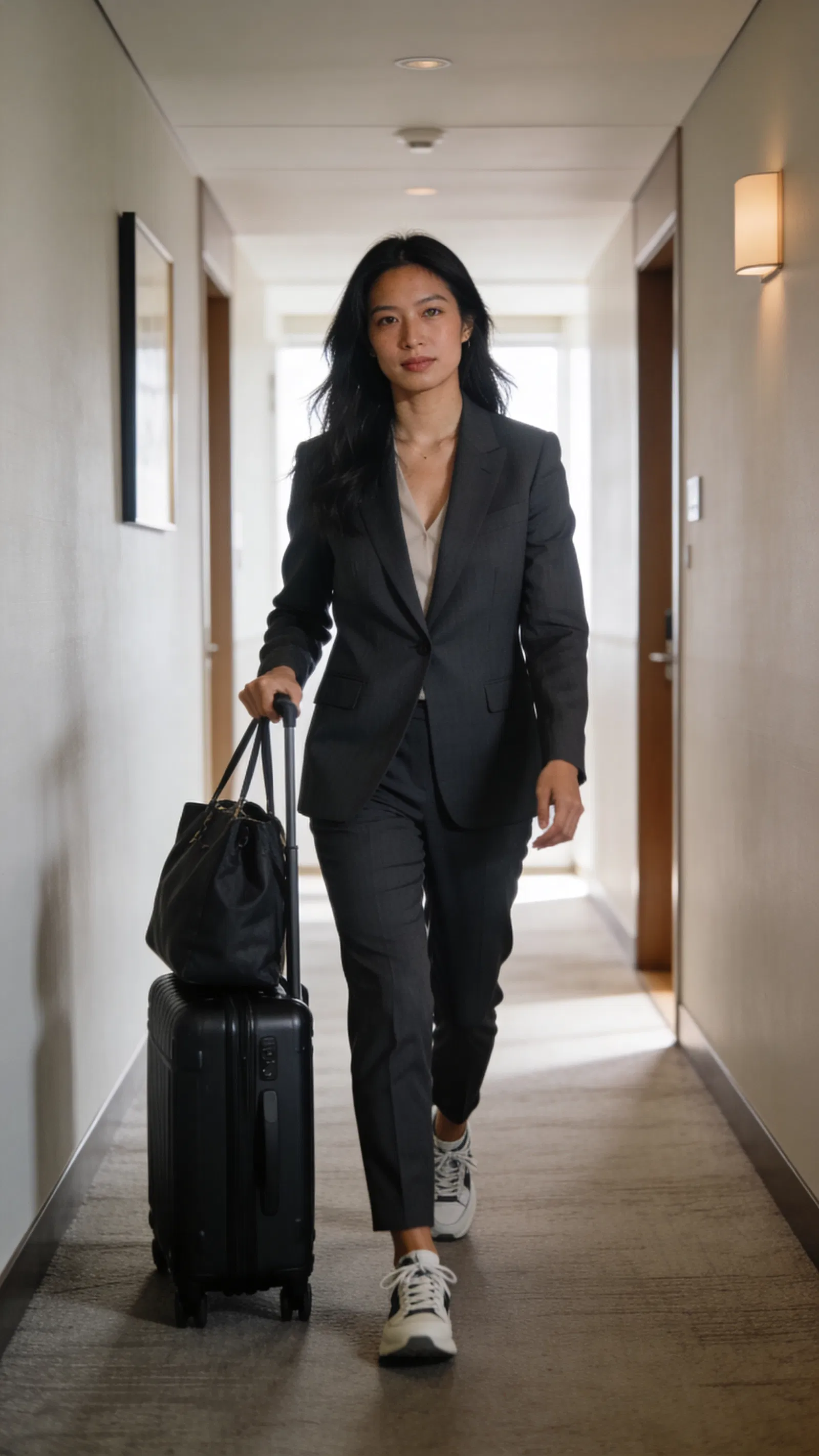 Southeast Asian woman walking in hotel corridor with carry-on, modern travel photo.