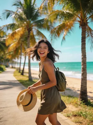 Southeast Asian woman walking near beach path, joyful travel lifestyle photo.