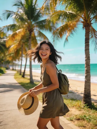 Southeast Asian woman walking near beach path, joyful travel lifestyle photo.