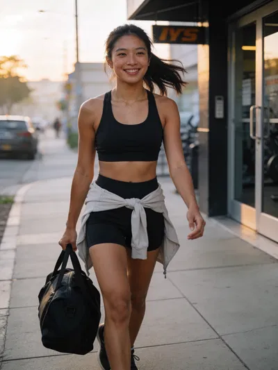 Southeast Asian woman walking outdoors in lifestyle fitness branding photo