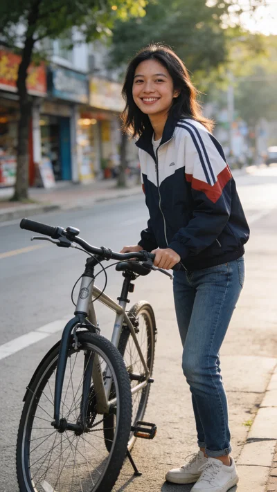 Southeast Asian woman with bicycle on quiet street, bright dating app photo.