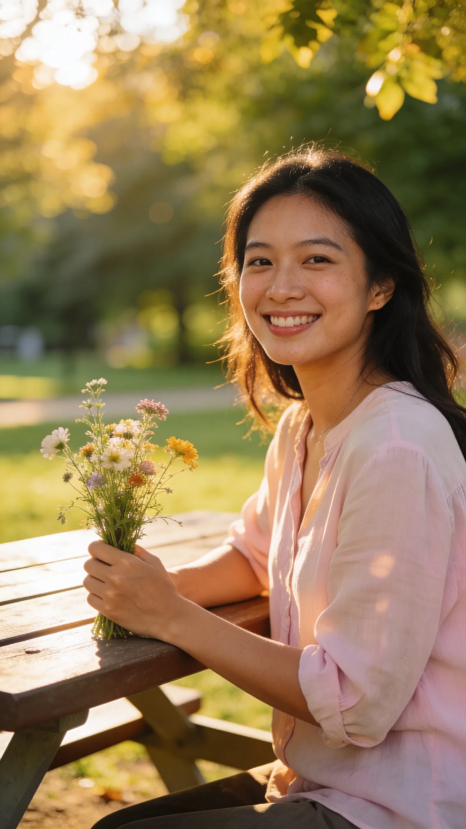 Southeast Asian woman with wildflowers at park, bright smiling dating profile photo.